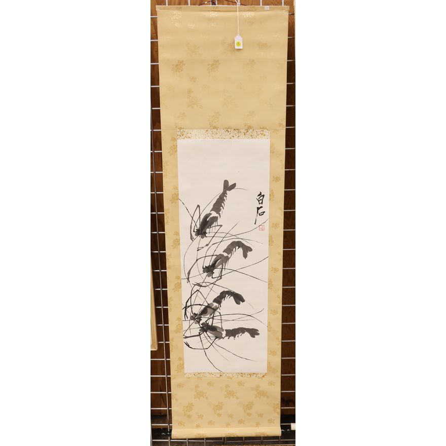 Signed Qi Baishi Chinese Shrimp Ink Scroll Painting 36''x13'' Image