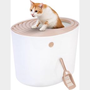 IRIS USA TOP ENTRY CAT LITTER BOX WITH SCOOP - LARGE - STYLISH ENCLOSED ROUND OVAL KITTY DOG PROOF BOX, LITIERE POUR CHAT BAC - WH