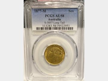 1877 MELBOURNE MINT YOUNG HEAD LONG TAIL GOLD SOVEREIGN S3857 AU58