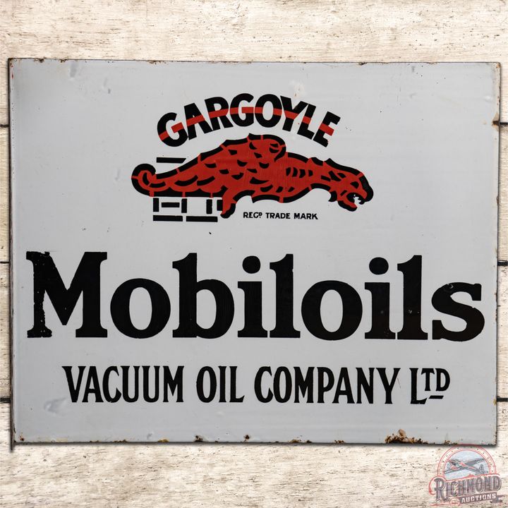 Mobiloils Gargoyle Vacuum Oil Company LTD Porcelain Flange Sign - 9 & 8.75