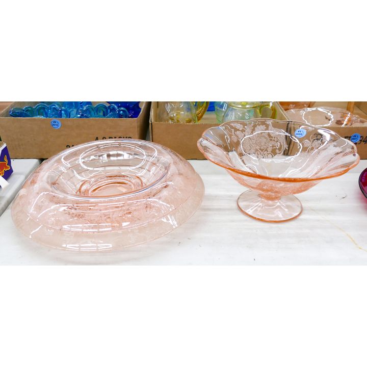 3pc Vintage Pink Floral Etched Glass Centerpiece Bowl