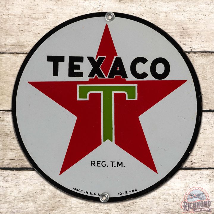 Exceptional 1946 Texaco Motor Oils 8" Single Sided Porcelain Sign "White T"