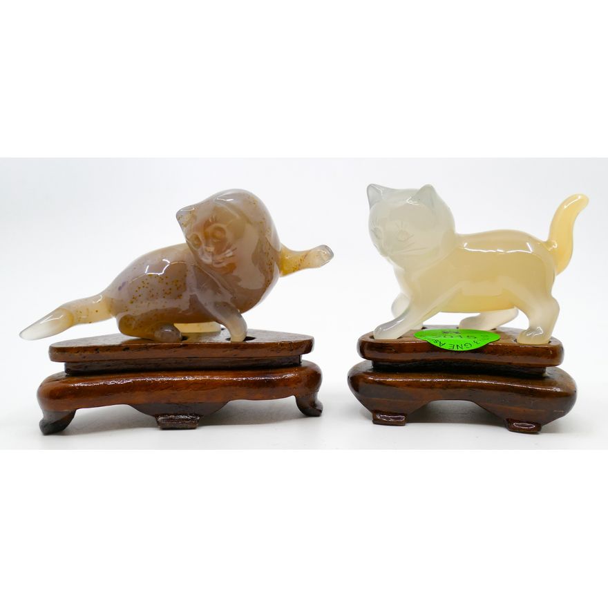 Pair Chinese Carved Agate Cats on Stands 2'' to 3''