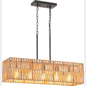 5-LIGHT COASTAL WOVEN KITCHEN ISLAND LIGHT FIXTURE, HEMP ROPE RECTANGULAR DINING ROOM CHANDELIERS, RUSTIC BOHO LINEAR PENDANT LIGH