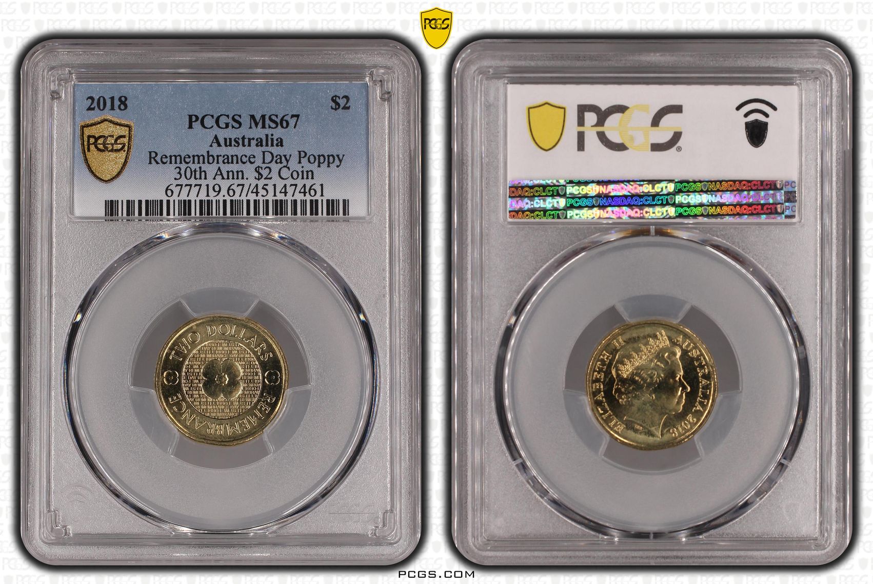 2018 Australia Two Dollar, $2 Remembrance Day Poppy 30th Ann. $2 Coin PCGS - MS67 -461