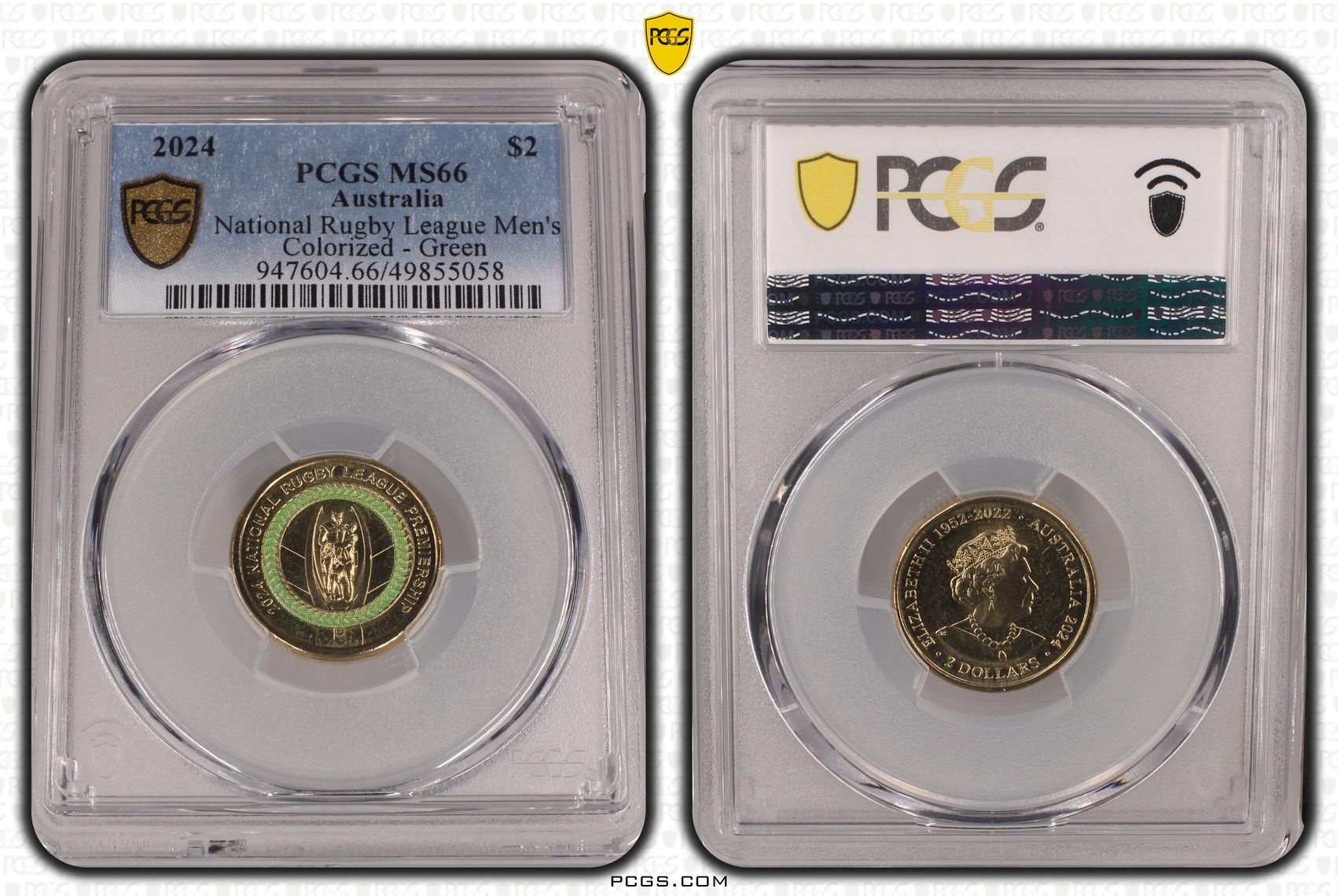 National Rugby League Men's Colorized - Green, Two Dollar, 2024, PCGS MS66