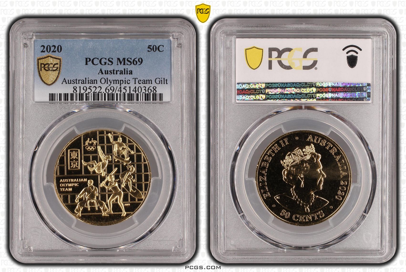 2020 Australia Fifty Cent, 50c Australian Olympic Team Gilt PCGS - MS69 -368
