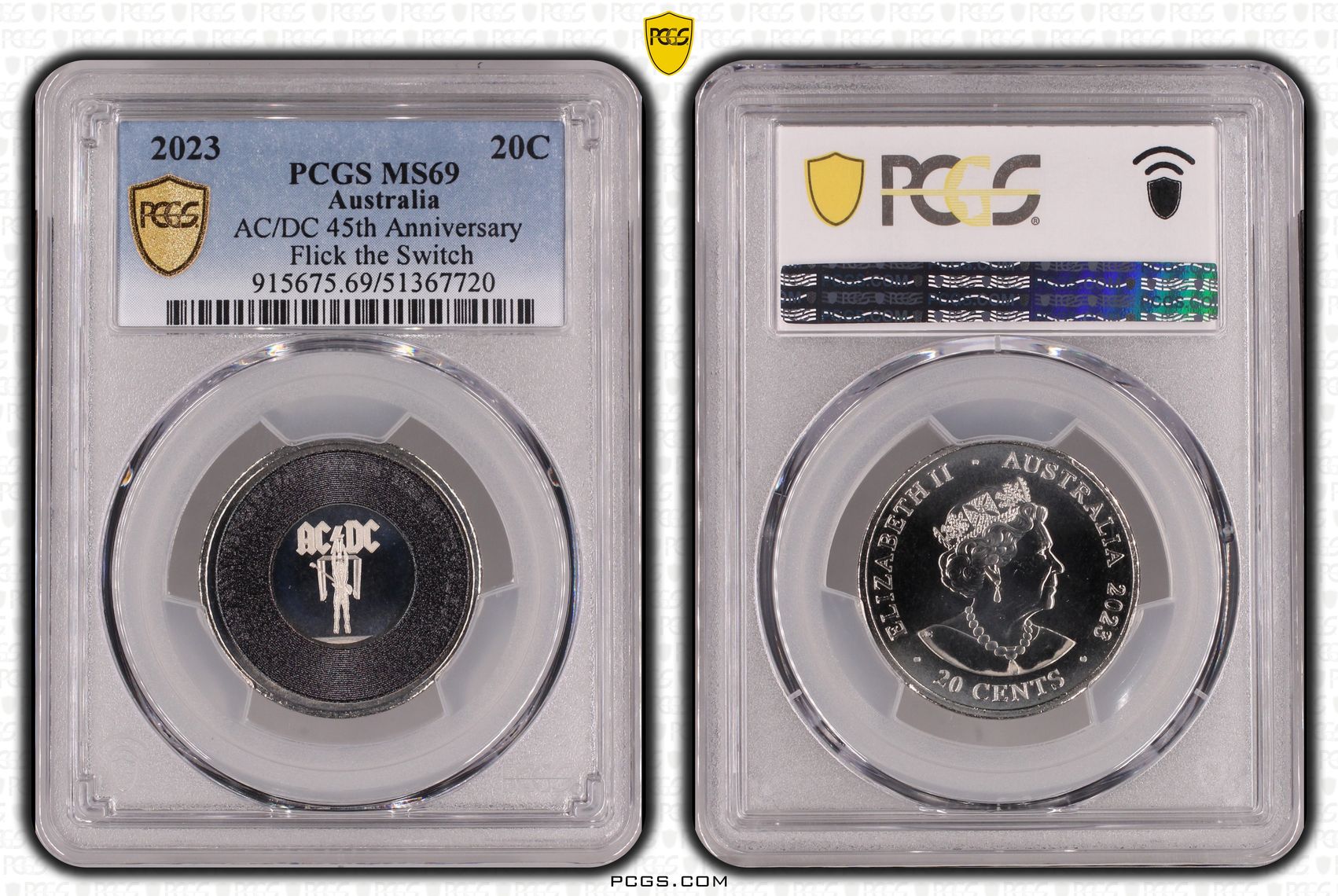 AC/DC 45th Anniversary - Flick the Switch, Twenty Cent, 2023, PCGS MS69