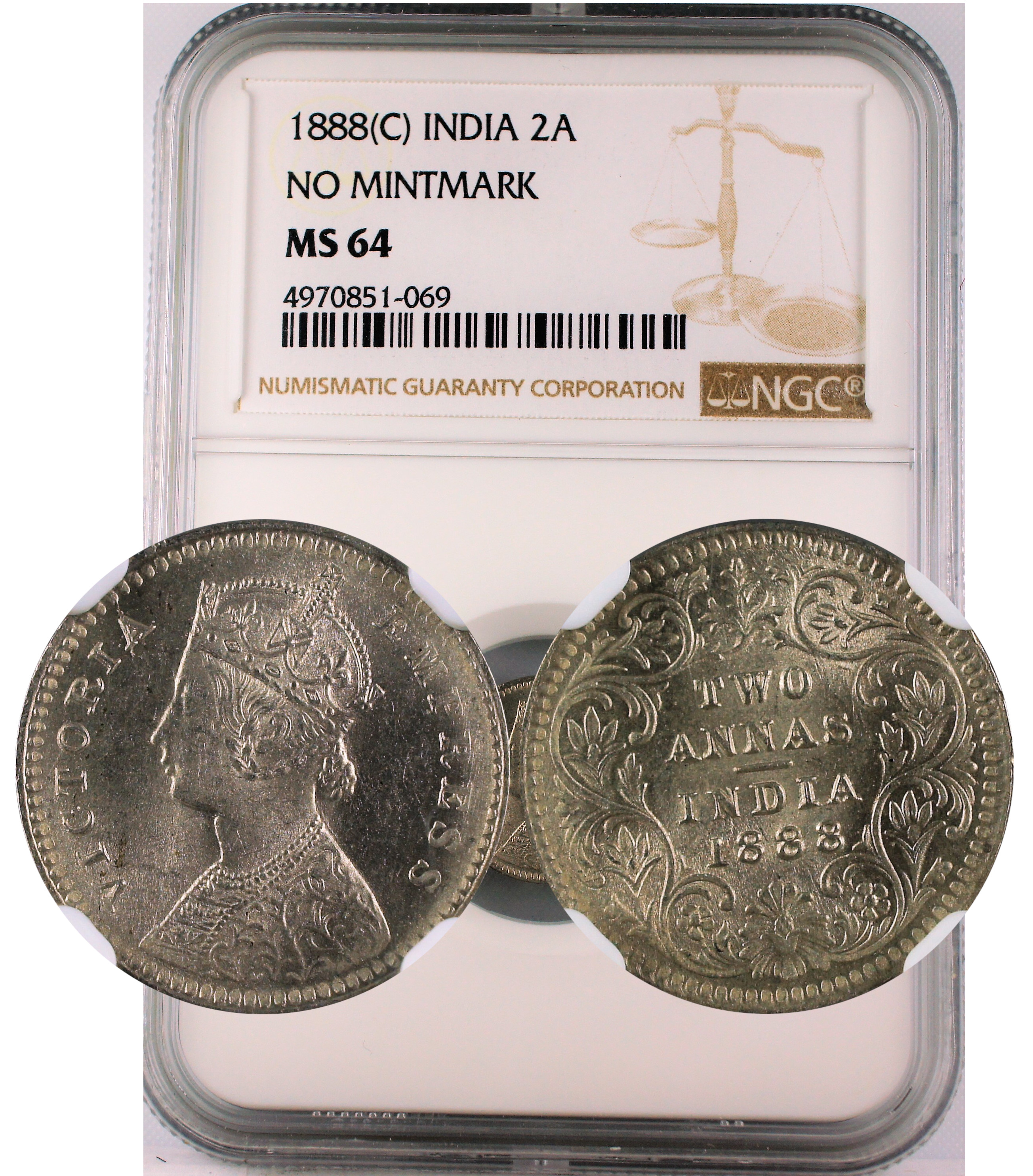 1888 C INDIA 2ANNA NO MINTMARK MS64