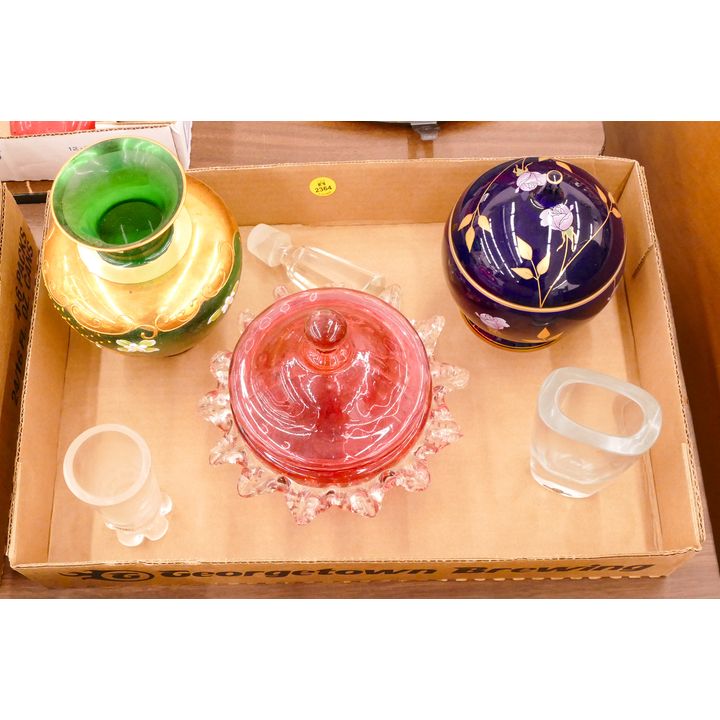 Box Colored and Etched Glass Etc