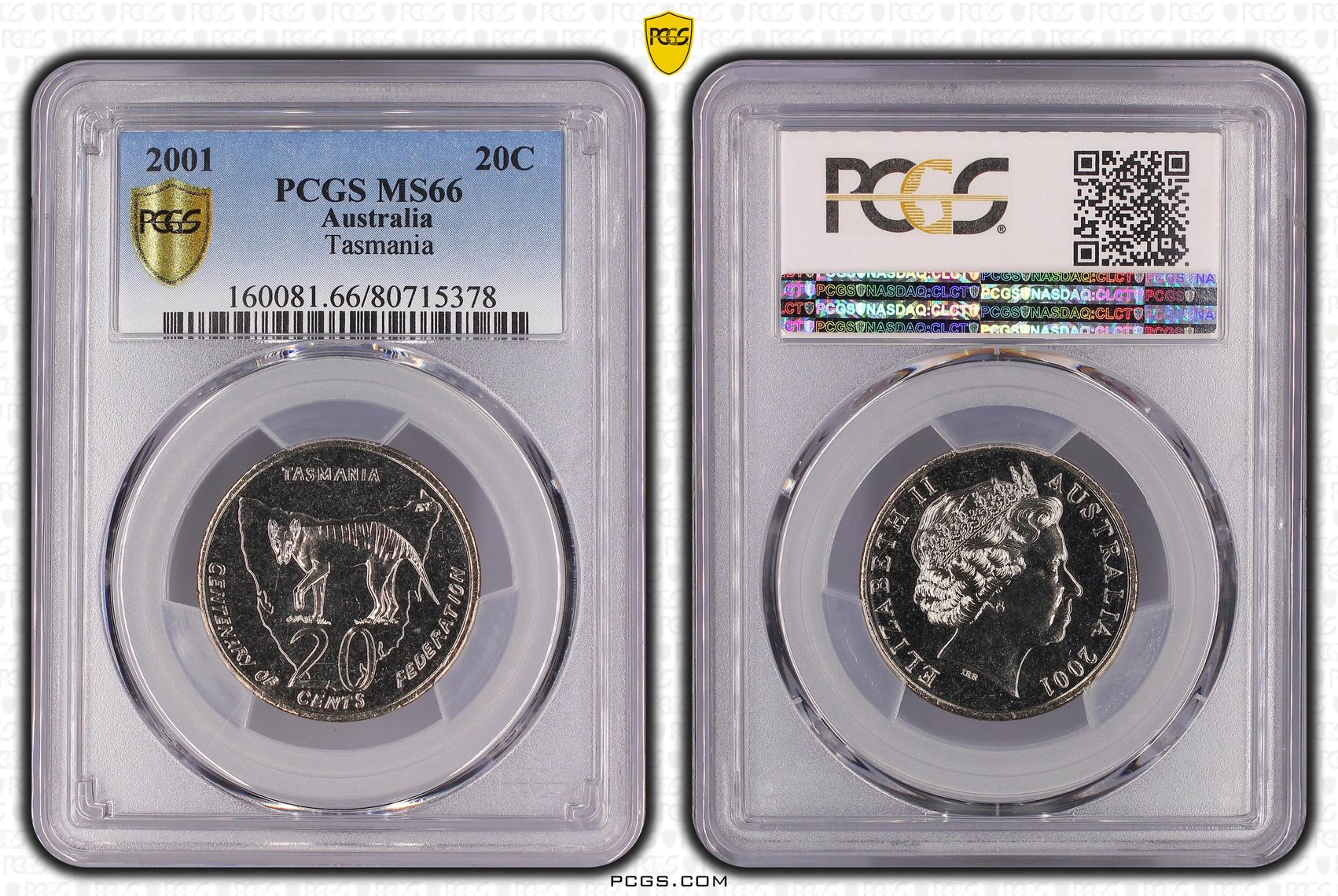 Elizabeth II, Tasmania, Twenty Cent, 2001, PCGS MS66