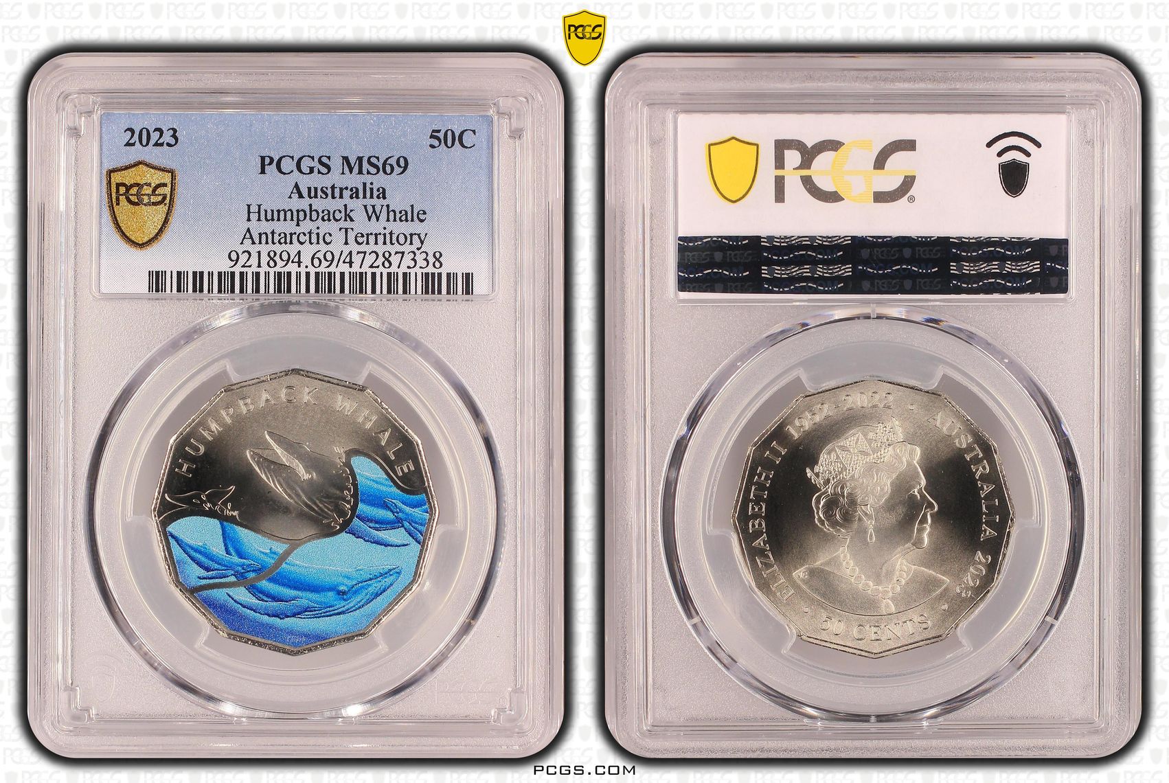 400 · Humpback Whale Colourised Antarctic Territory, Fifty Cent, 2023, PCGS MS69