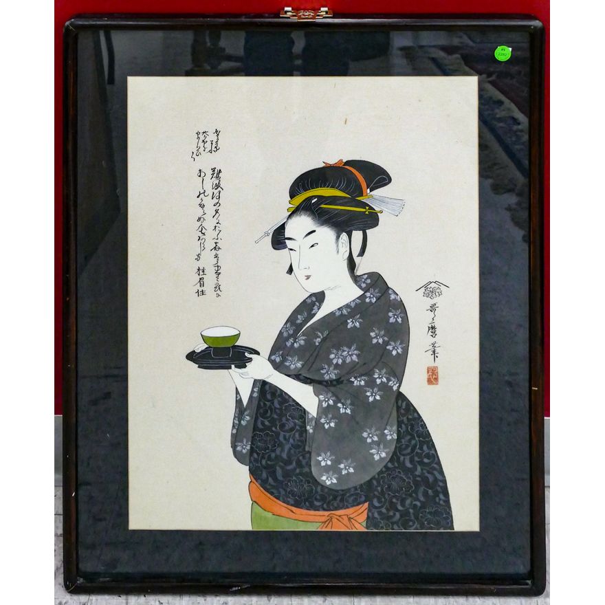 Vintage Japanese Geisha Large Woodblock Print Framed 28''x22''