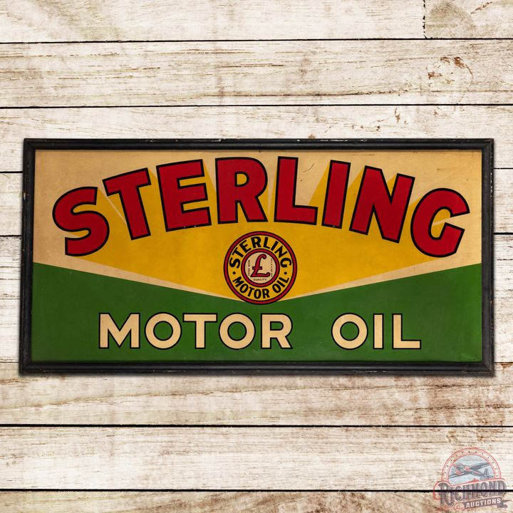 1937 Sterling Motor Oil Single Sided Tin Logo Sign w/ Wooden Frame