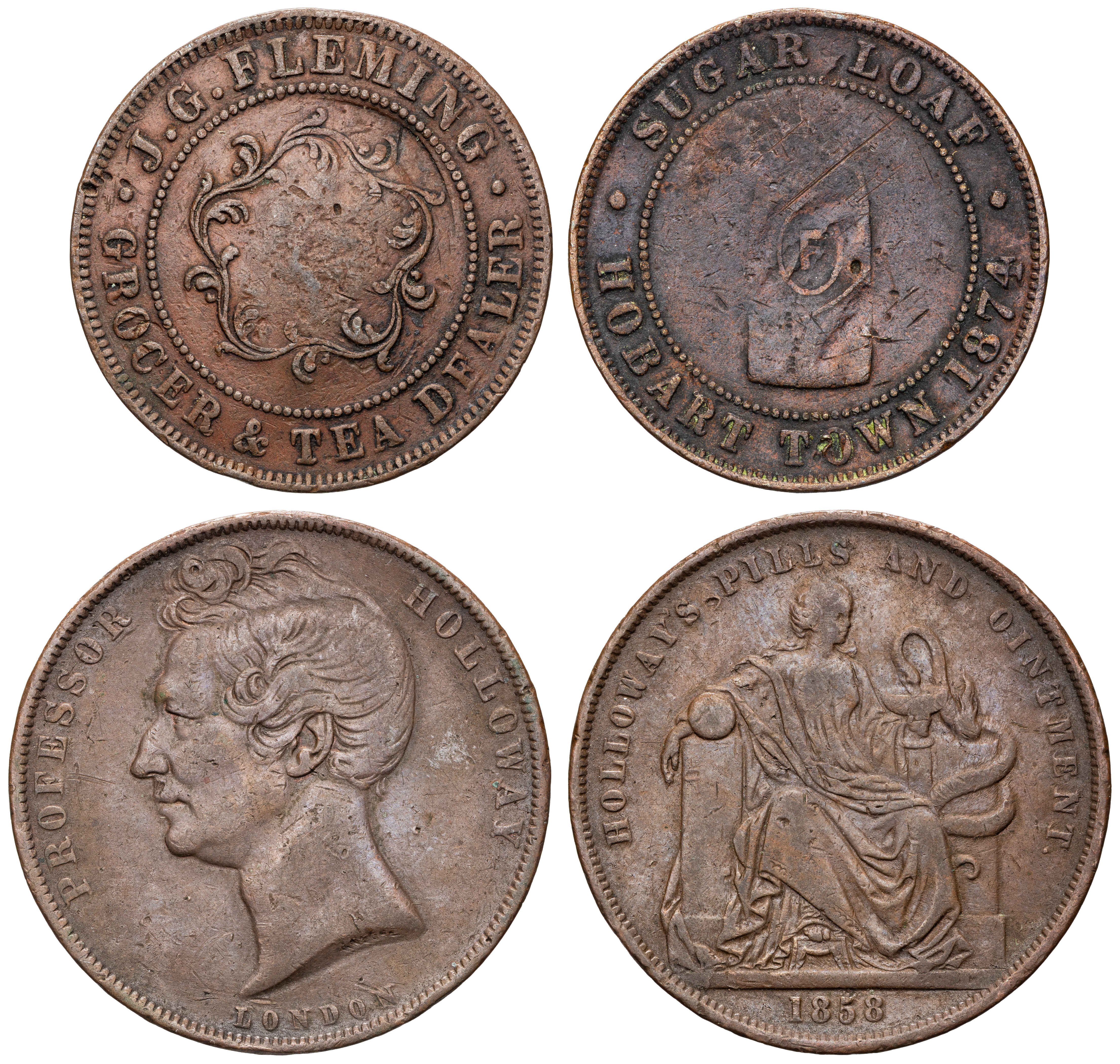 A.74a - Fleming, J.G, Hobart Town, TAS & A.128 - Holloway, Professor, London, GB, Penny, 1858 - 1874 - , aF - F