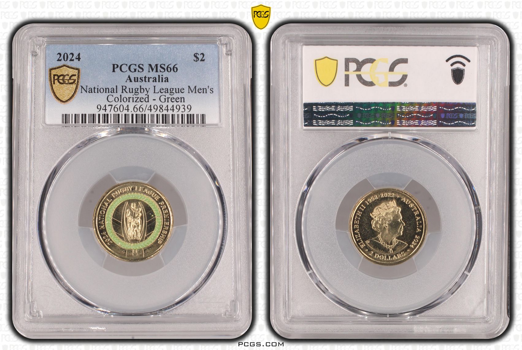 National Rugby League Men's Colorized - Green, Two Dollar, 2024, PCGS MS66
