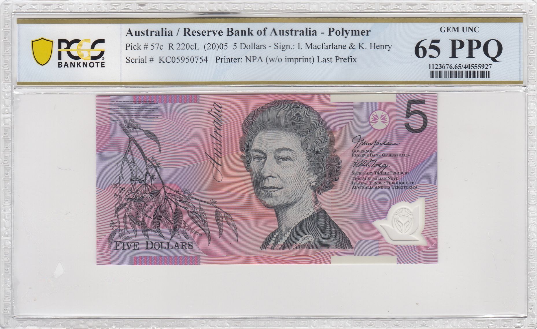 Macfarlane/ Henry, Last Prefix, Five Dollar, 2005, PCGS Gem UNC 65 PPQ