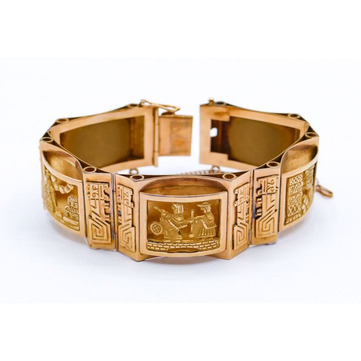 Peruvian 18k Pierced Decorated Link Bracelet 7'' - 48.9 Grams, 1'' thick