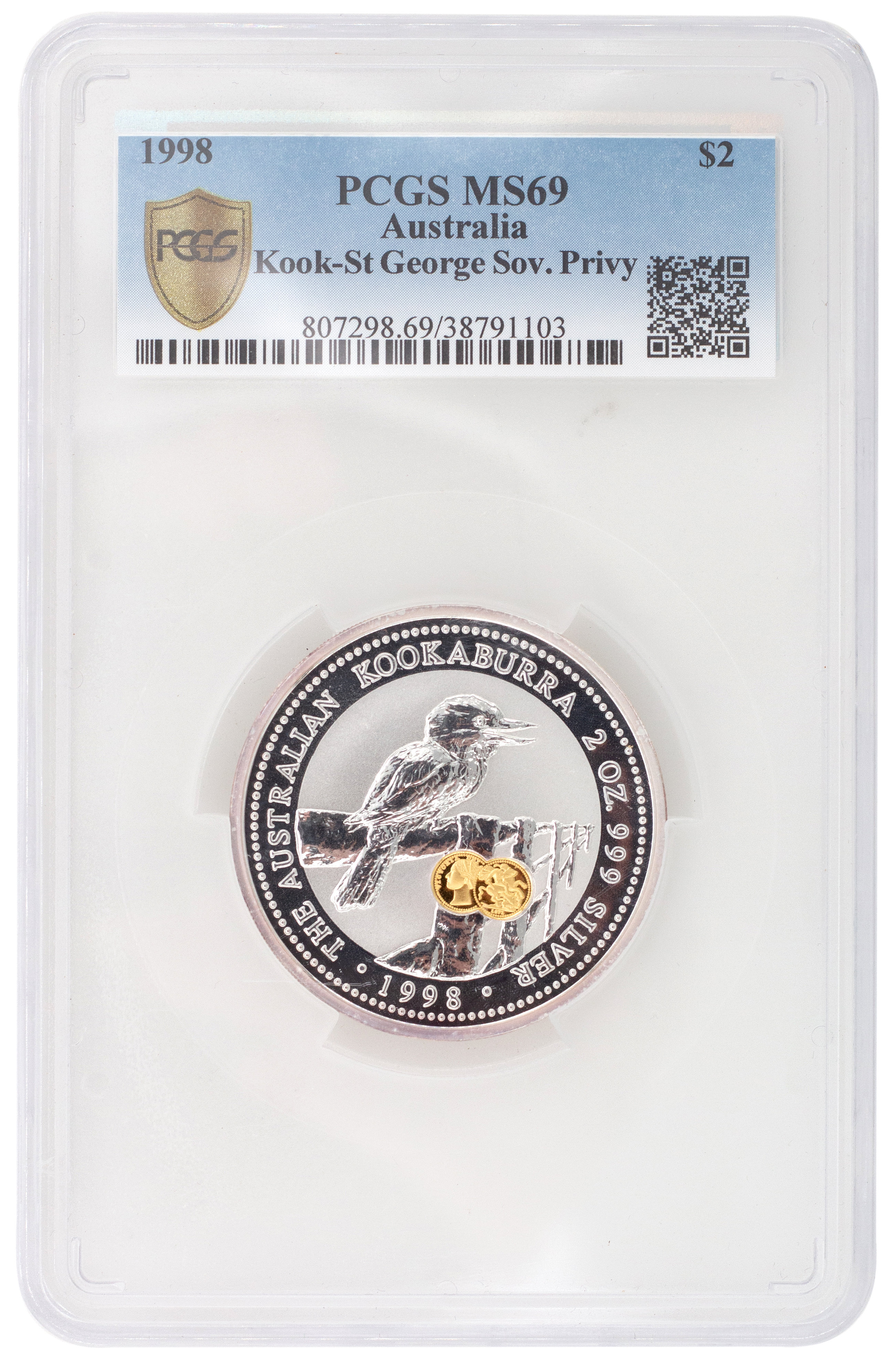 Elizabeth II, 2oz Kookaburra, Two Dollars, 1998, PCGS MS 69