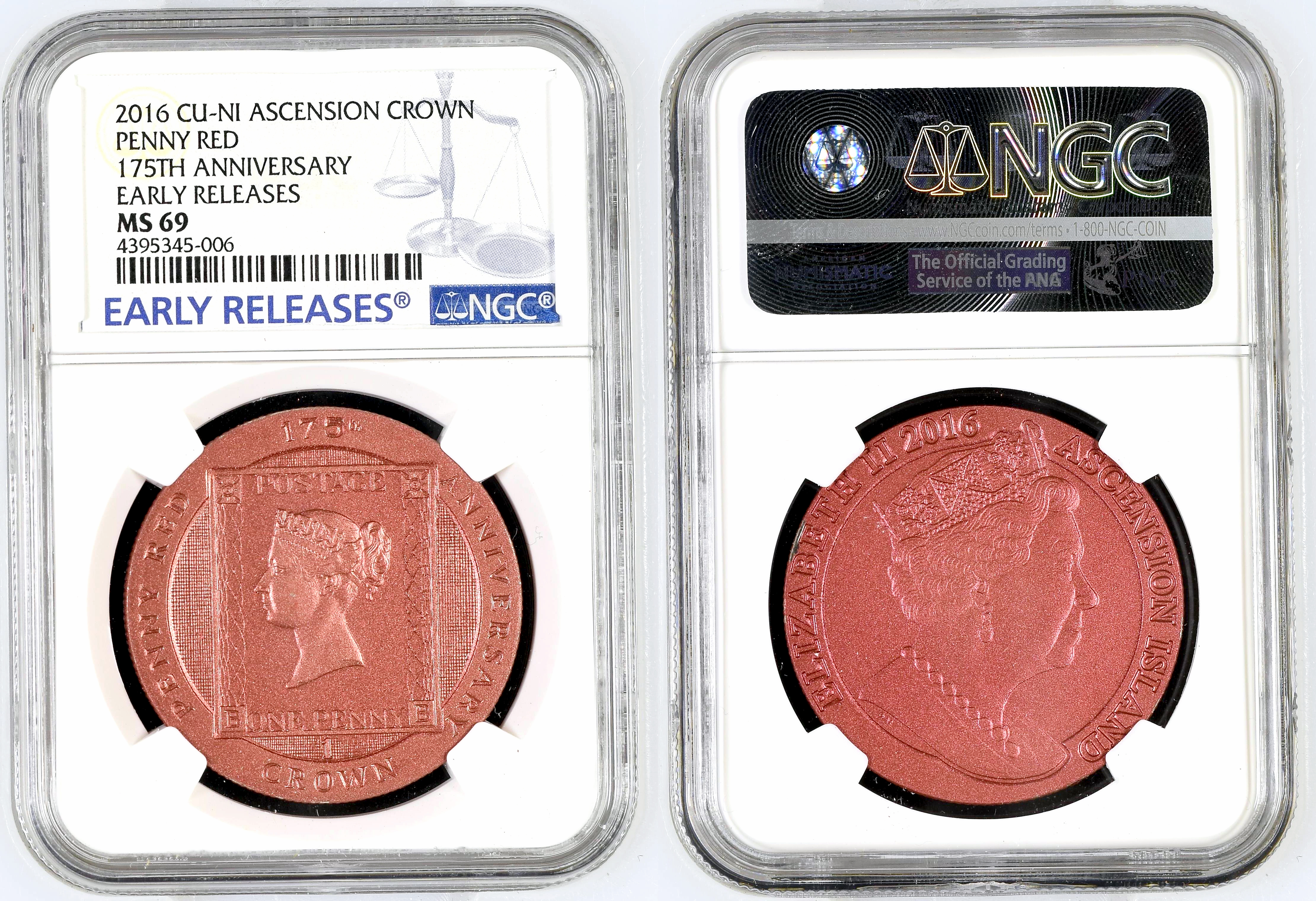 Ascension Island, Cu-Ni Ascension Penny Red 175Th Anniversary, Crown, 2016, NGC MS 69