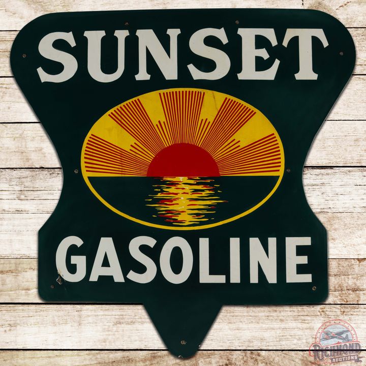 Rare 48" Sunset Gasoline Single Sided Porcelain Die Cut Sign