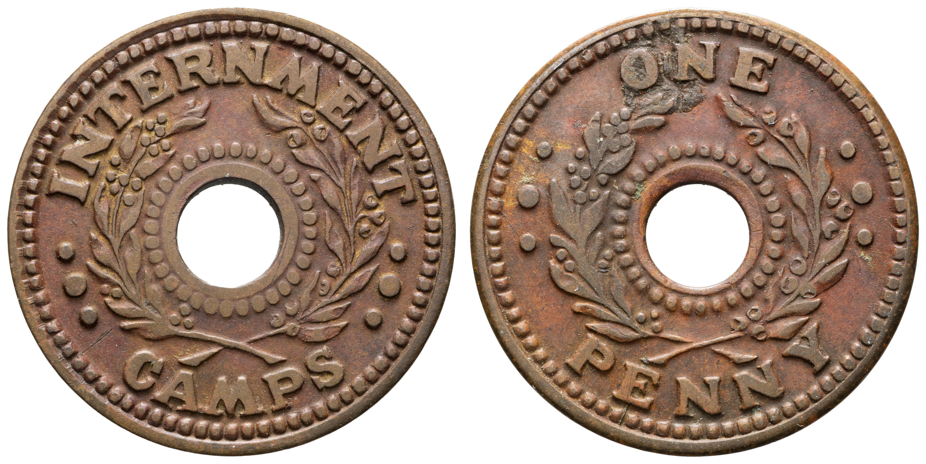 147 · Department of Army Internment Camp Currency Token, One Penny, WWII, VF