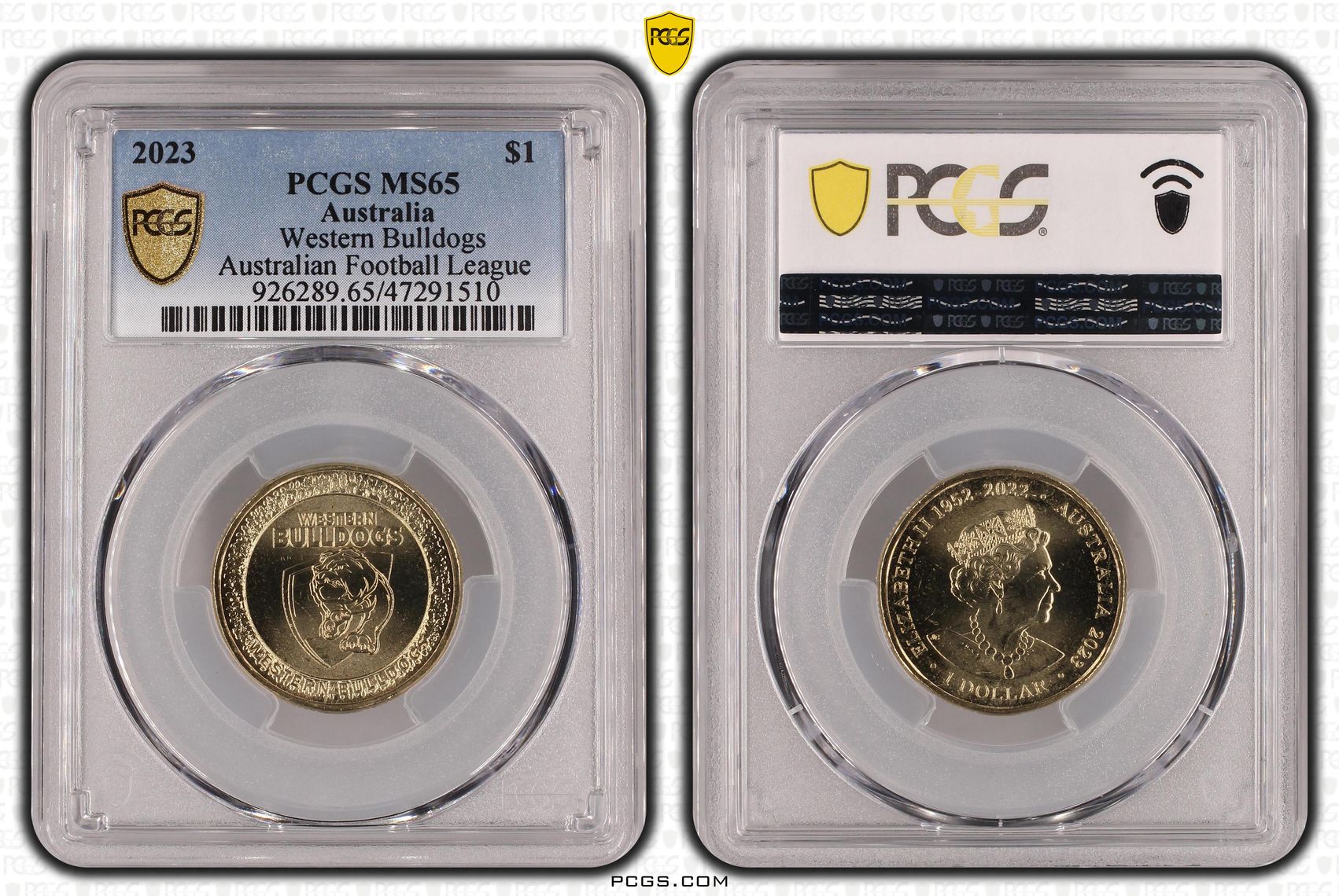 286 · Elizabeth II, AFL - Western Bulldogs , One Dollar, 2023, PCGS MS65