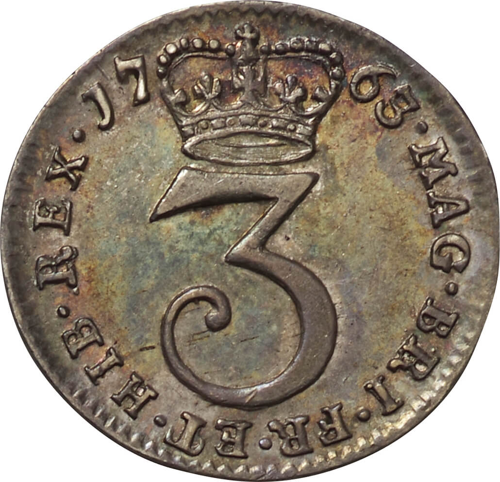 1763年英国　ジョージ3世 3ペンス 銀貨 英国-GB. 1763. Silver. 3ペンス. 極美／未. AU. ジョージ3世像