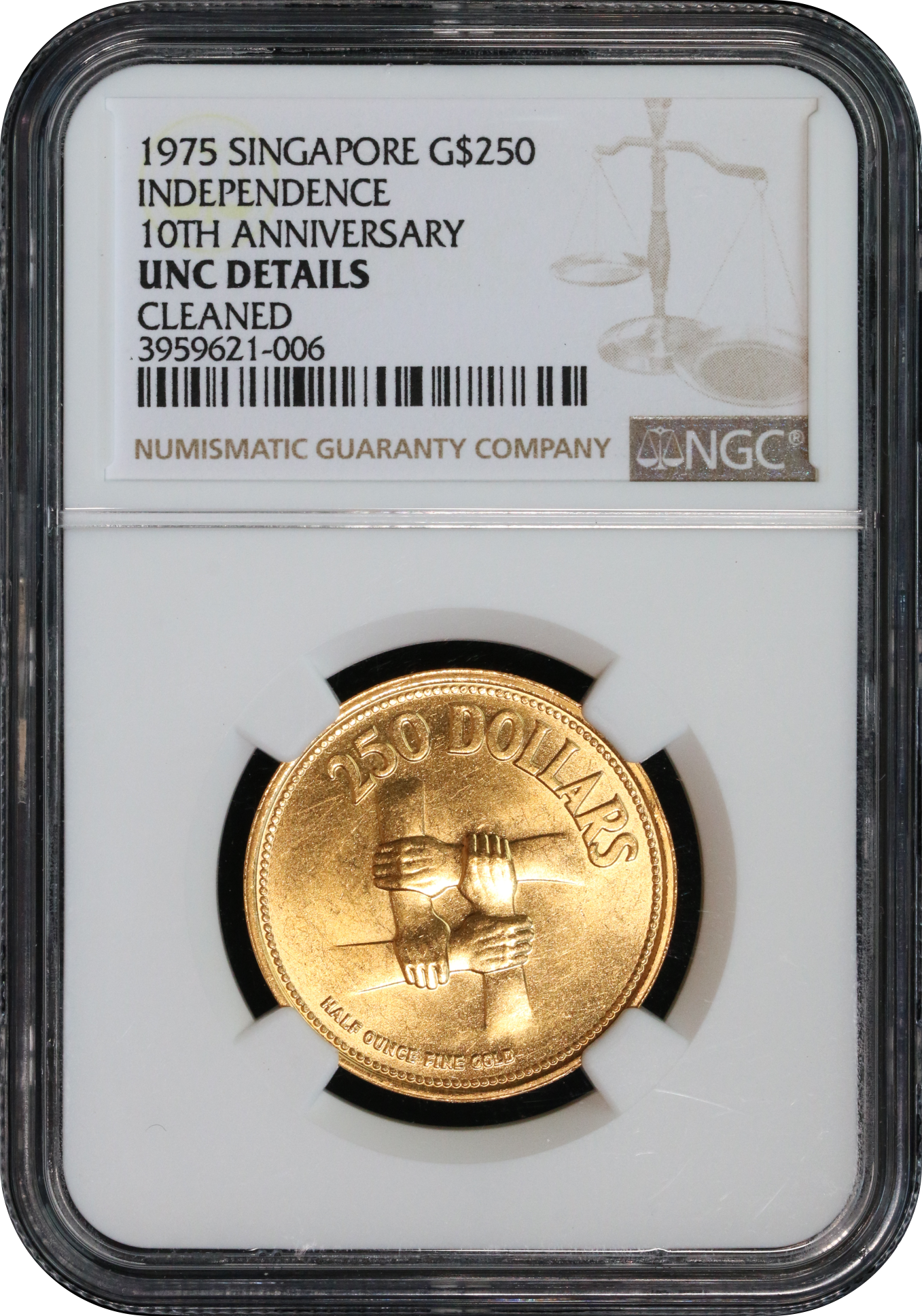 Singapore Commemorative 1975 $250 0.5 oz AGW Gold Coin 10th Anniversary  Republic of Singapore NGC UNC Details Cleaned | Monetarium Singapore  Private Limited