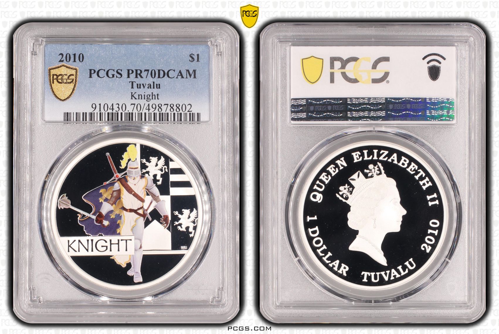 Tuvalu, Knight Colourised, POP 3/0, One Dollar, 2010, PCGS PR70DCAM