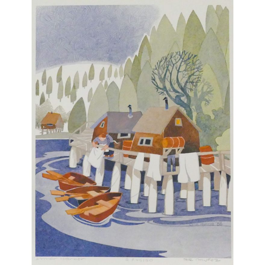 Rie Munoz ''Inner Harbor'' 1986 Signed Print 16'' x 13'' Sheet. Artist Proof.