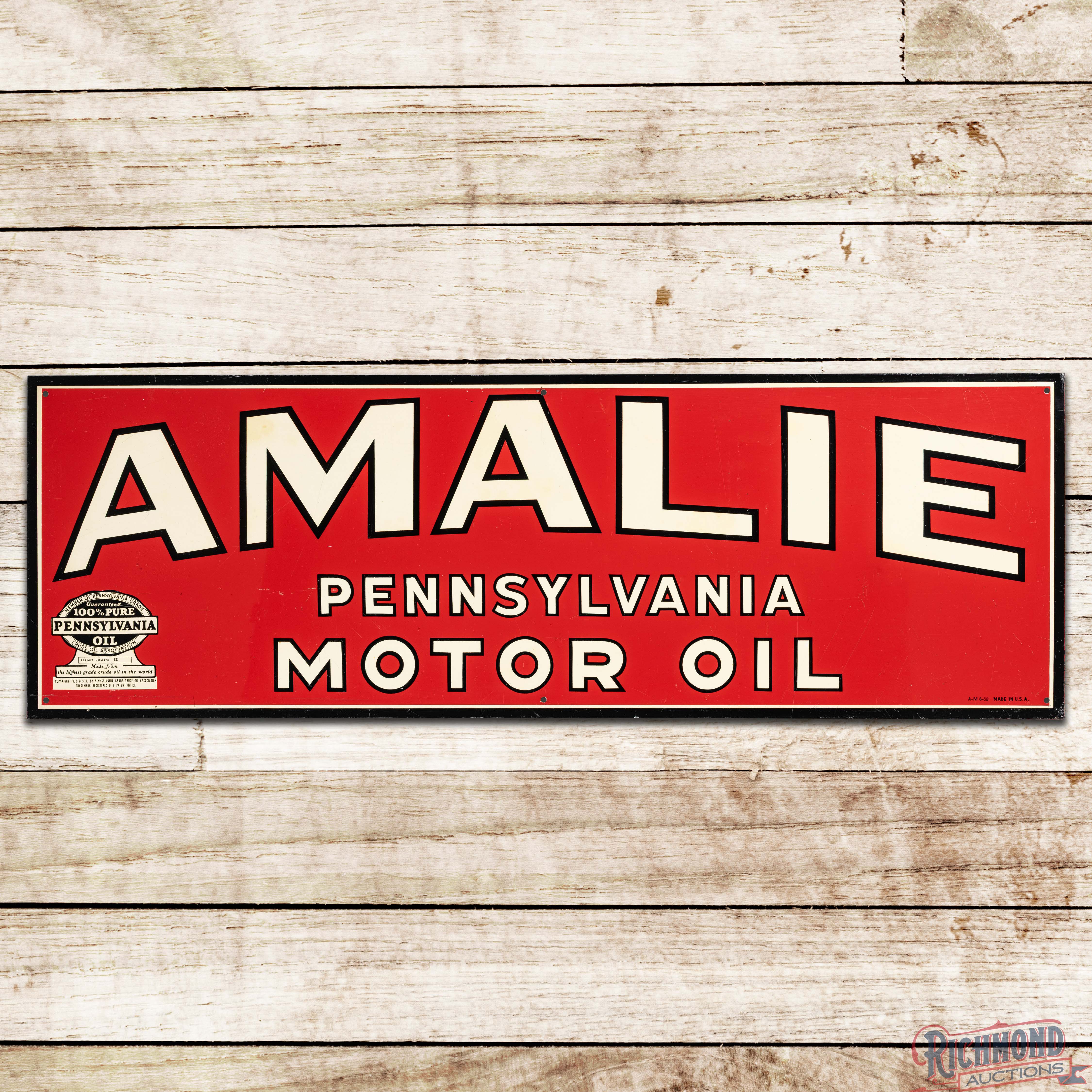 1950 Amalie Pennsylvania Motor Oil Single Sided Tin Sign w/ Seal ...