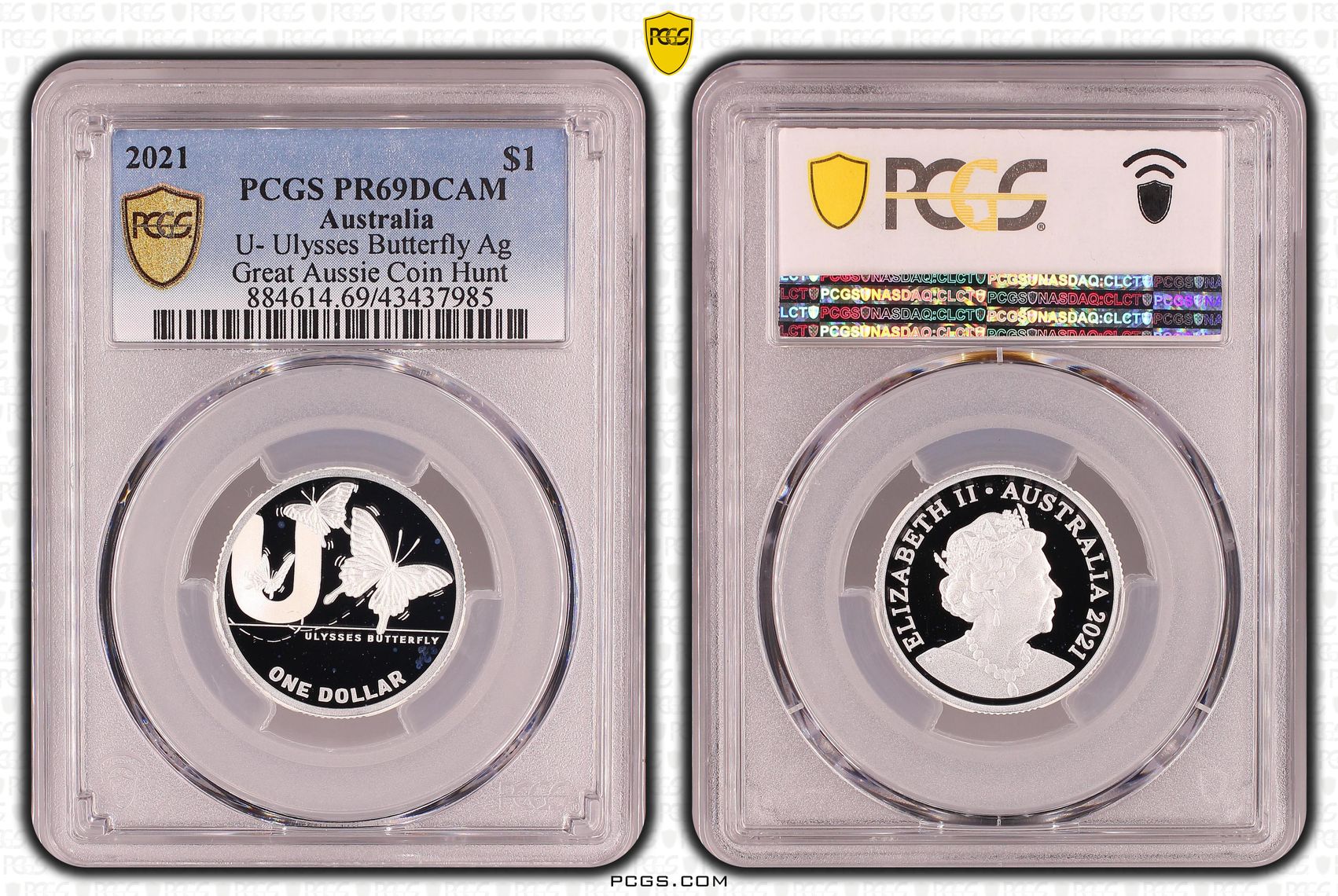 Elizabeth II, Silver, U- Ulysses Butterfly, Great Aussie Coin Hunt, One Dollar, PR69DCAM , 2021 PCGS POP - 3/0