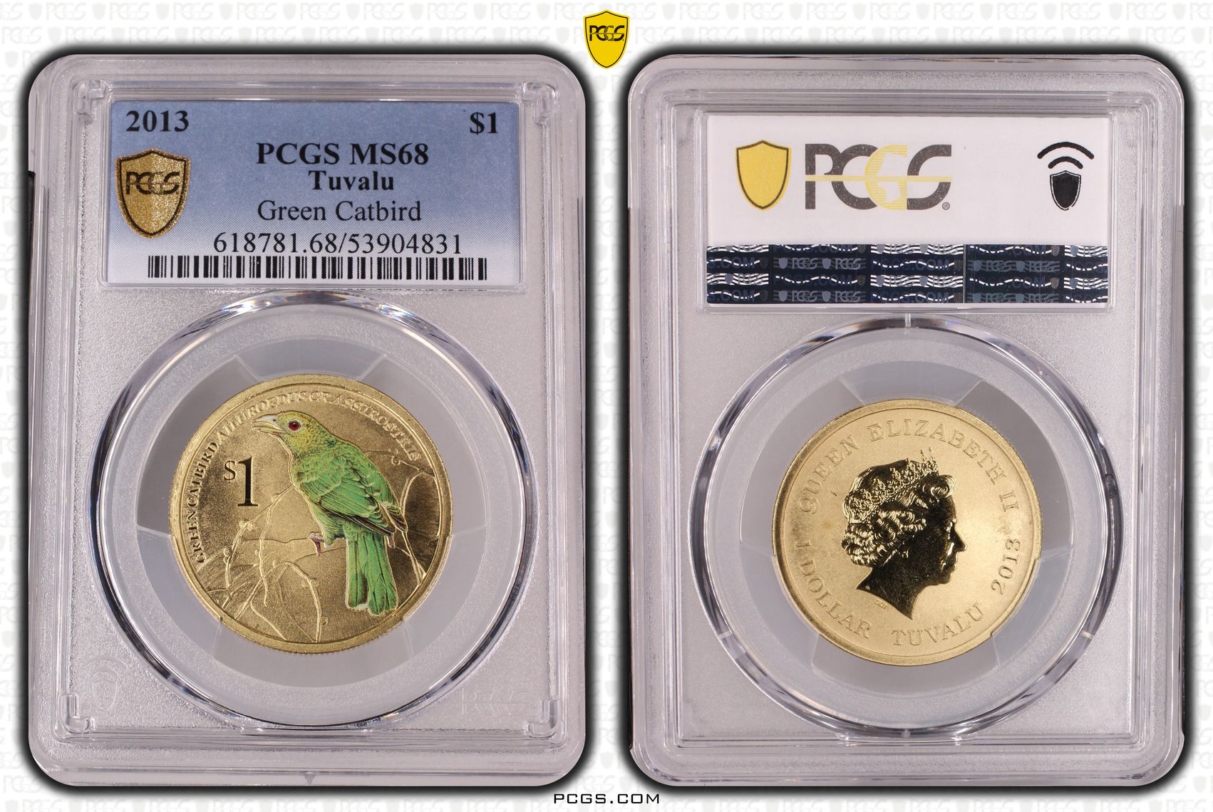 Tuvalu, Elizabeth II, Green Catbird, One Dollar, 2013, PCGS MS68