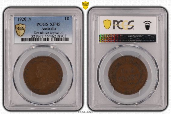 Dot above top scroll, One Penny, 1920, PCGS XF45BN