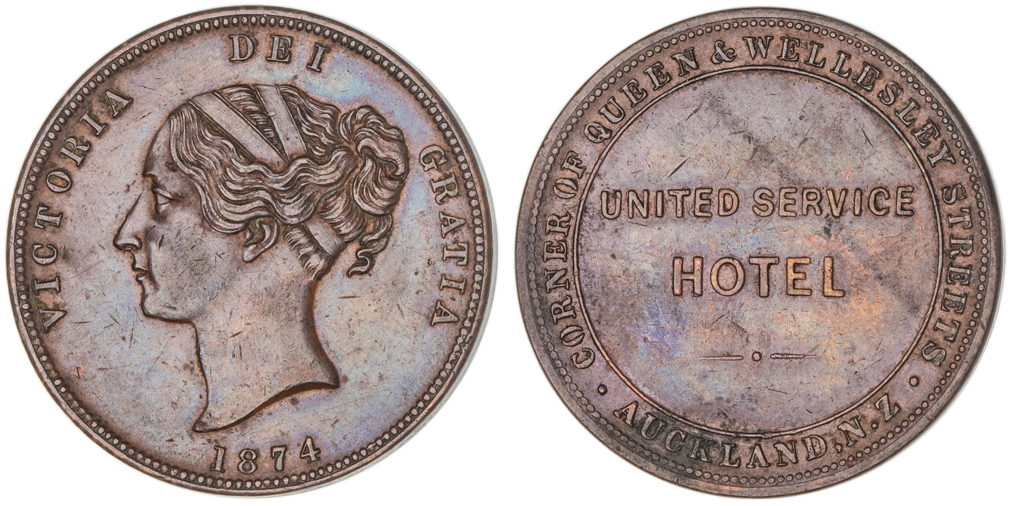 New Zealand, United Service Hotel, Auckland, Penny, 1874, gEF
