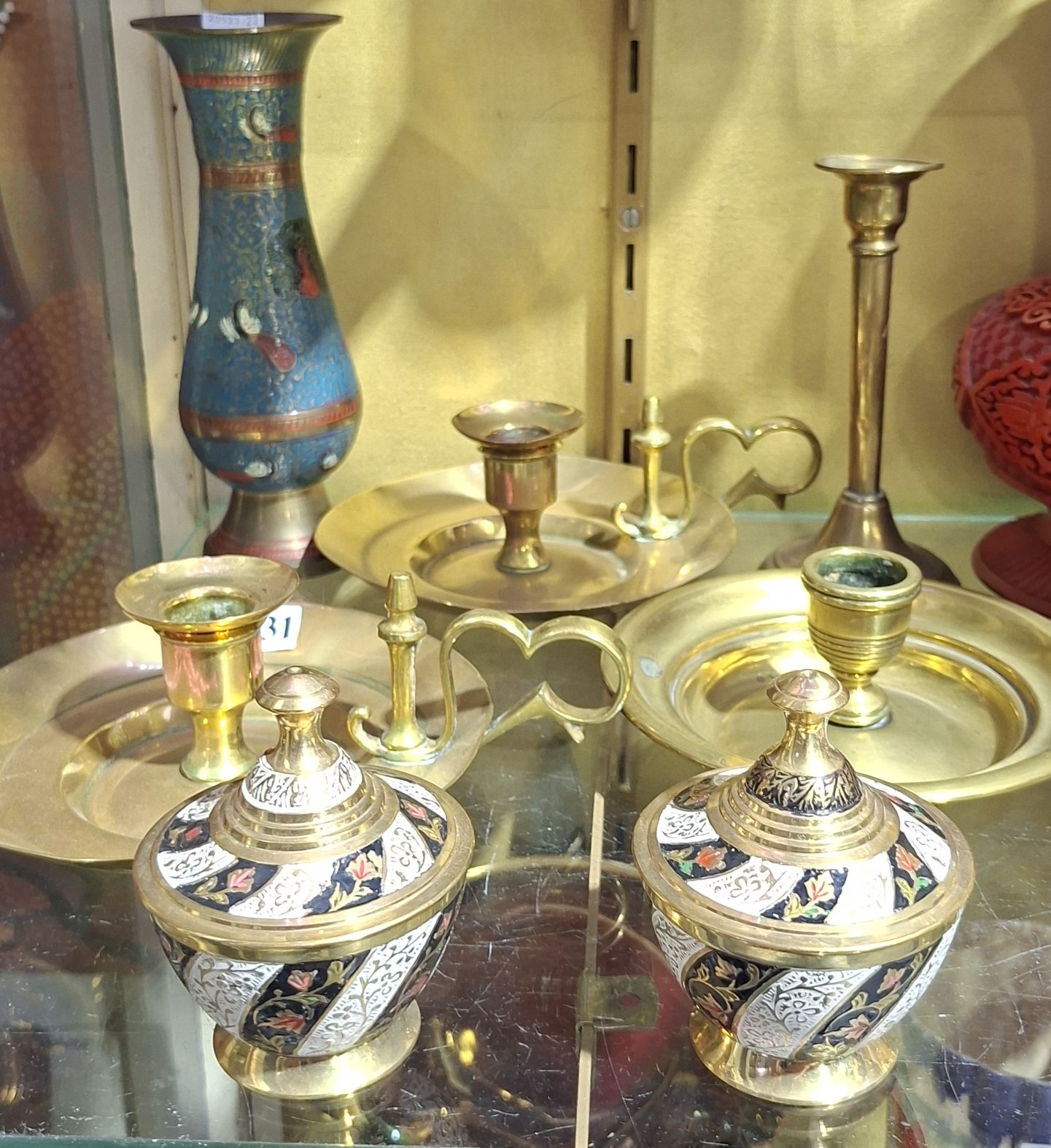 Indian Enamelled Brass And Candle Holders