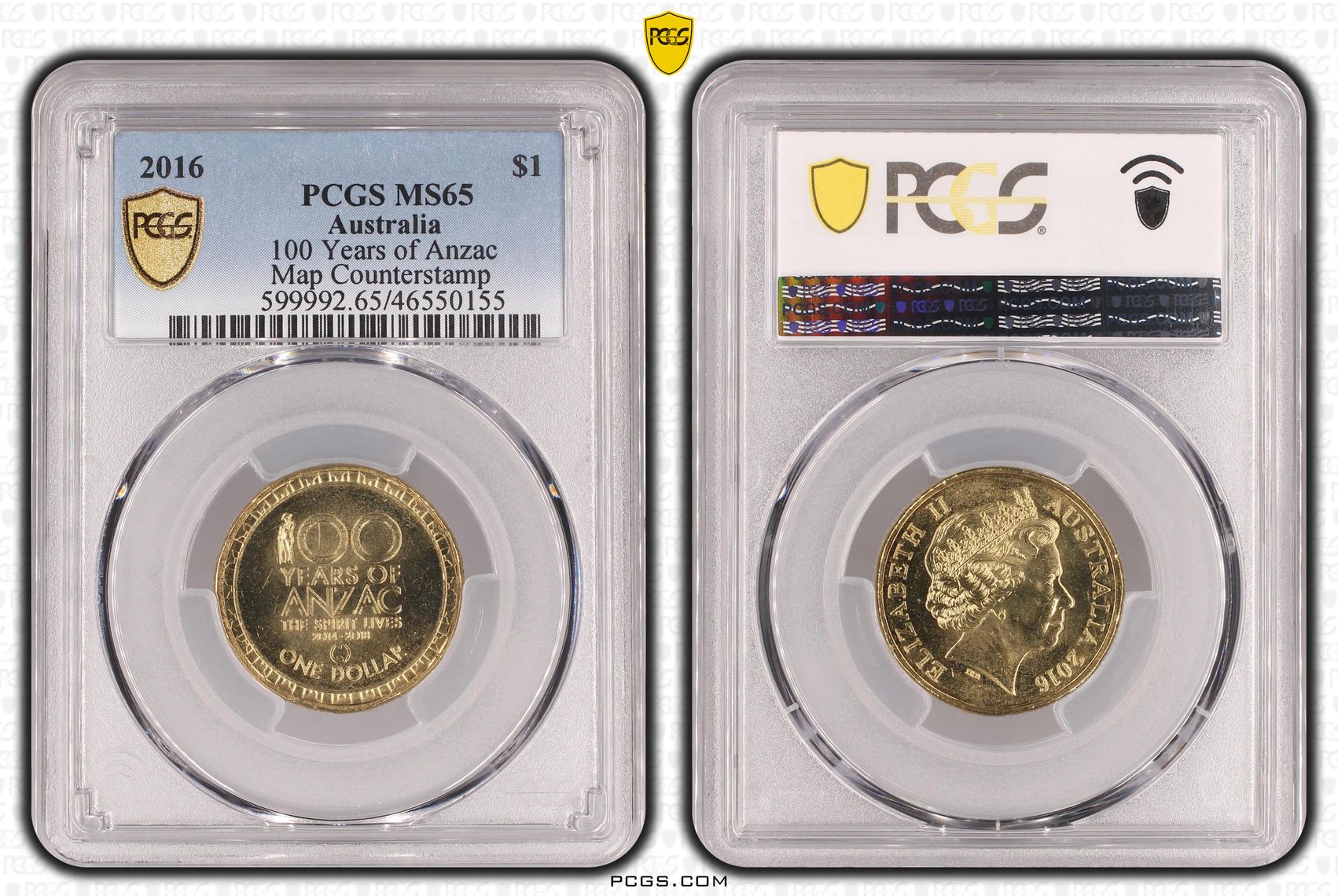 100 Years of Anzac, Map Counterstamp, One Dollar, 2016, PCGS MS65