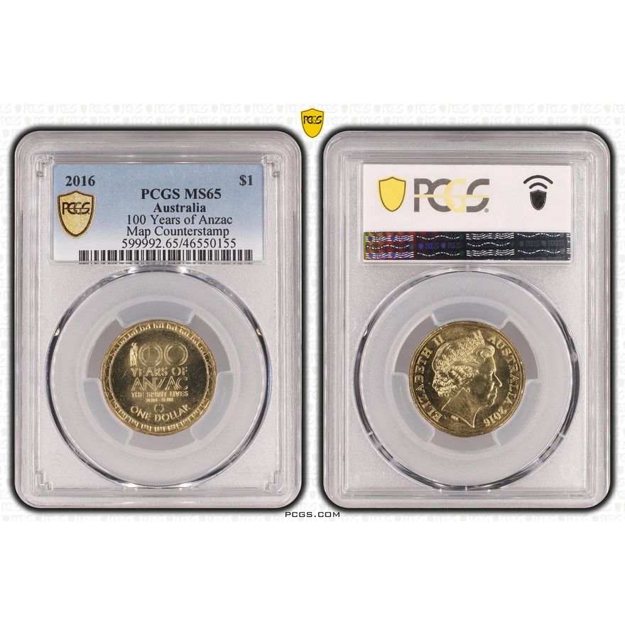 100 Years of Anzac, Map Counterstamp, One Dollar, 2016, PCGS MS65