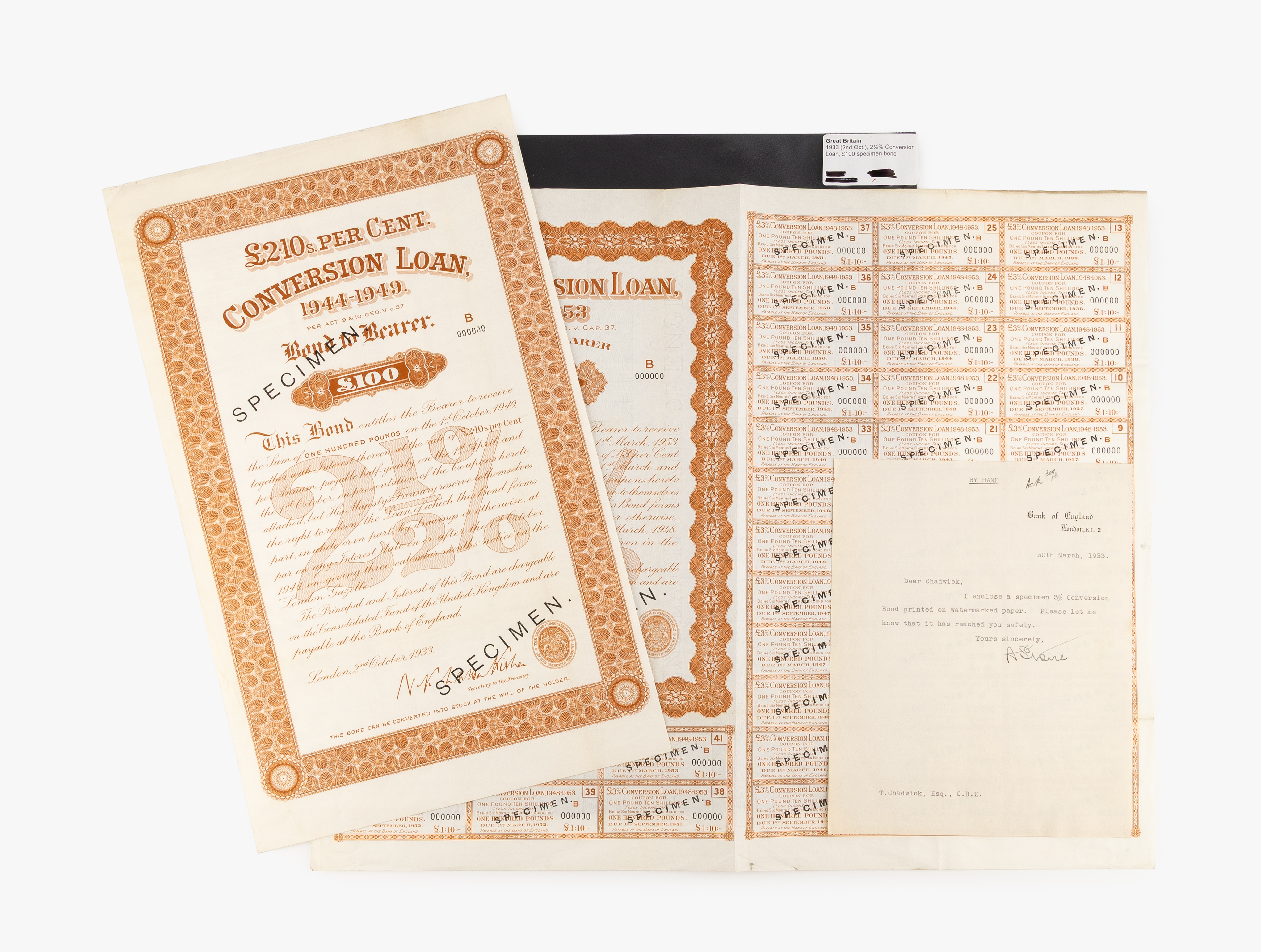 Great Britain, Conversion Loan Specimen Bond, 1933, gVF
