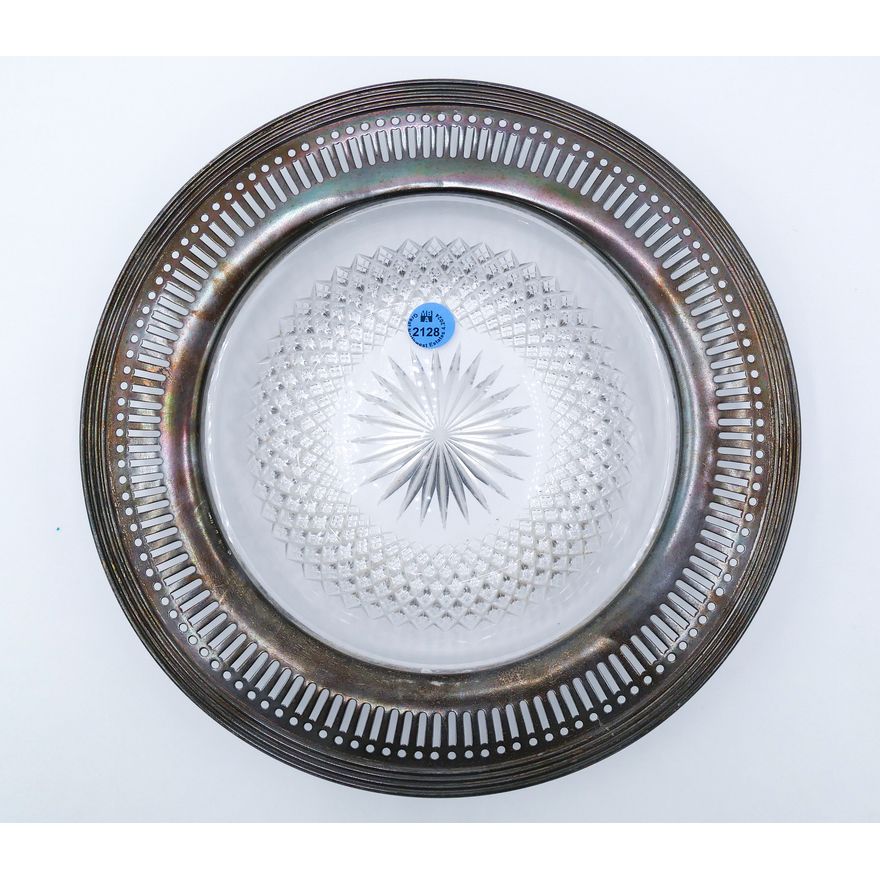 Wallace Sterling Rim Cut Glass Low Bowl 10''