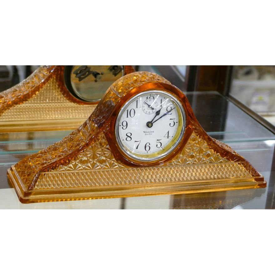 Westclox Ben Hur Amber Cut Glass Mantle Clock 14''