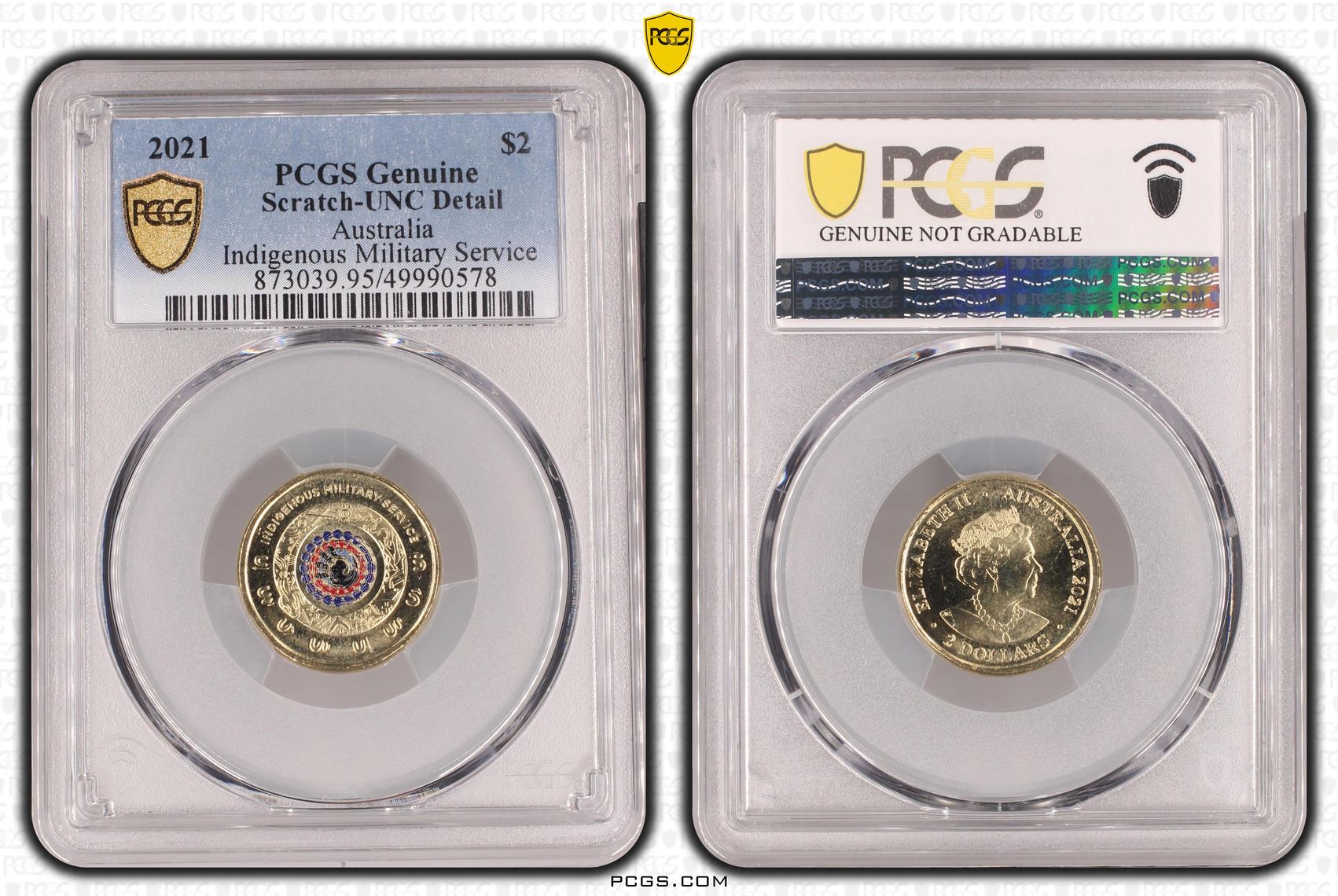 Indigenous Military Service Colourised, Two Dollar, 2021, PCGS Genuine - UNC Details (95 - Scratch)