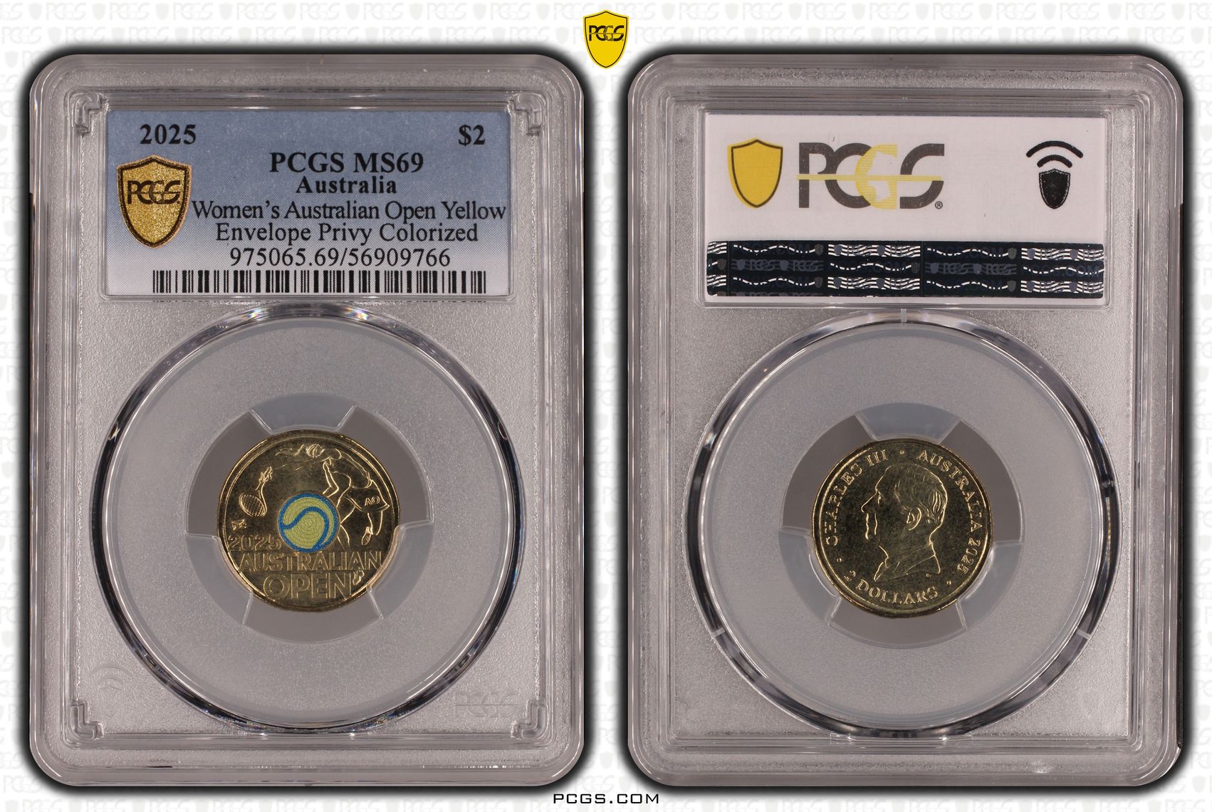Women's Australian Open Yellow Envelope Privy Colourised, Two Dollar, 2025, PCGS MS69