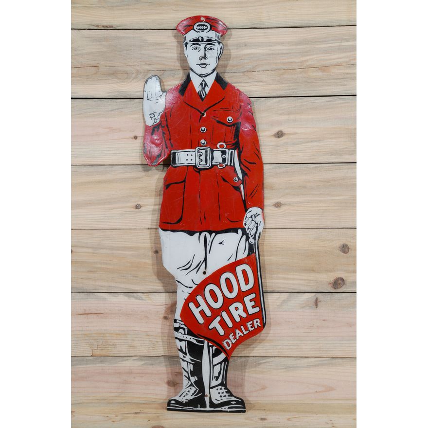 Hood Tire Dealer Man Right Hand Single Sided Porcelain Diecut Sign TAC 6.5