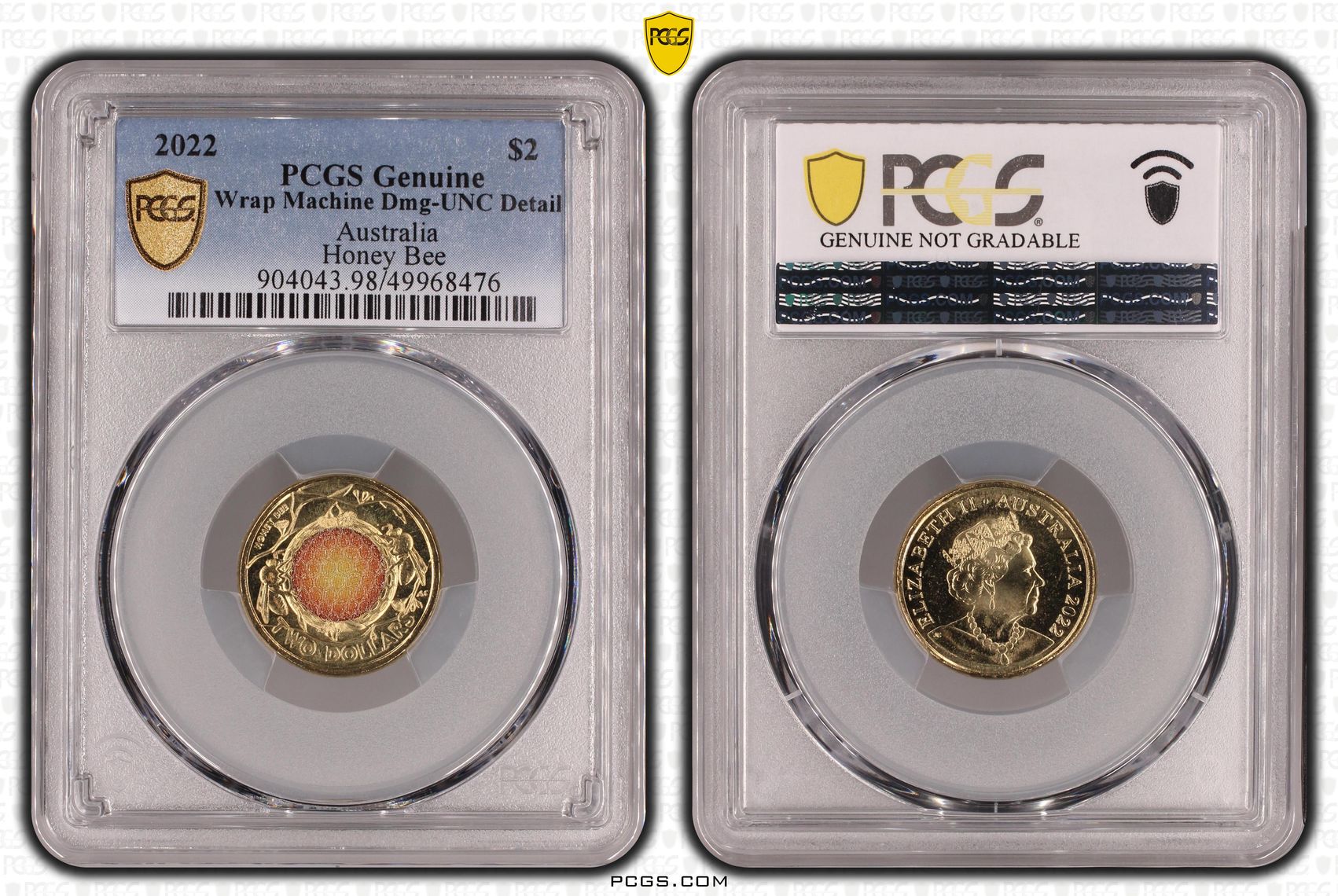 Honey Bee Colourised, Two Dollar, 2022, PCGS Genuine - UNC Details (98 - Damage)