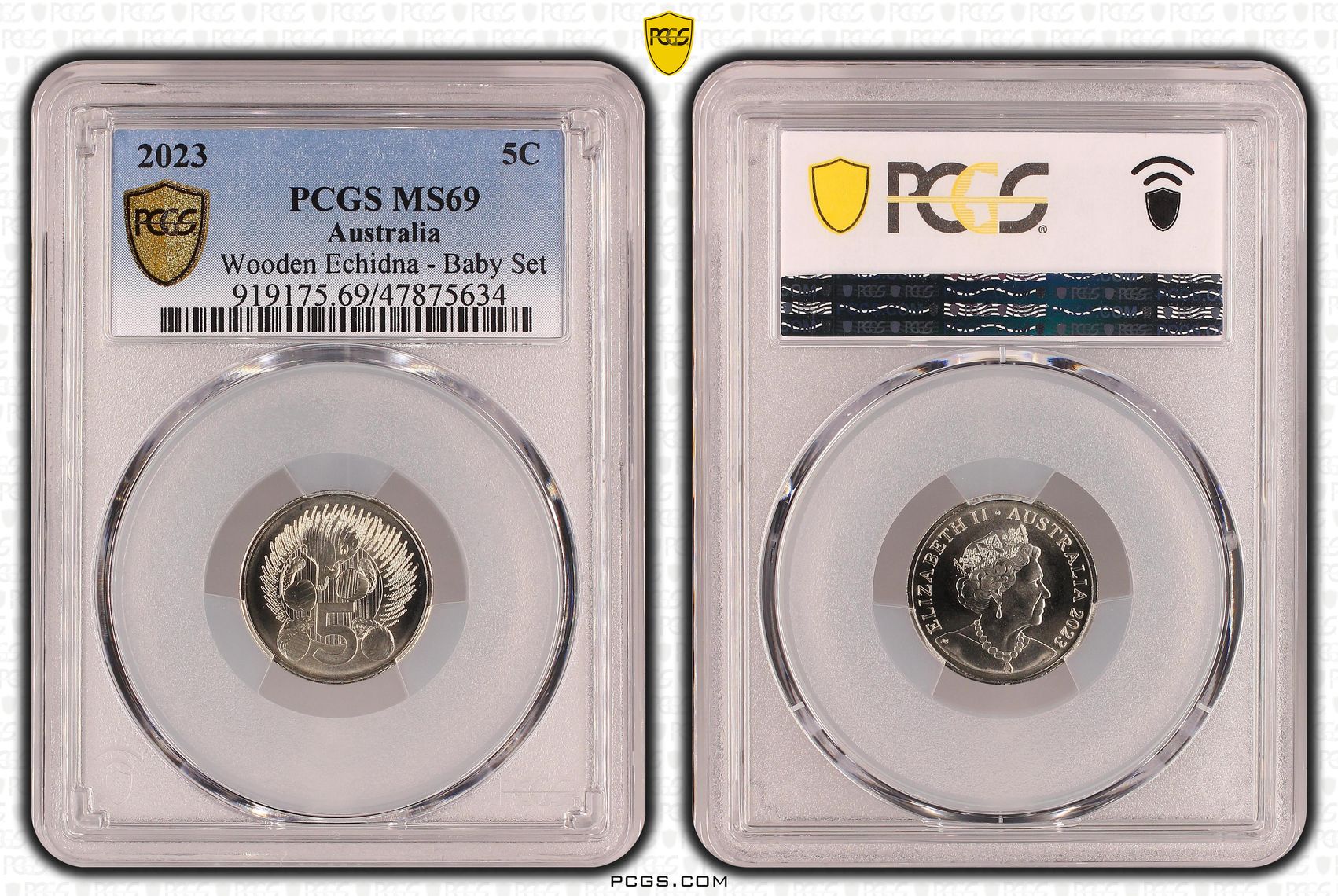 Wooden Echidna - Baby Set , Five Cent, 2023, PCGS MS69