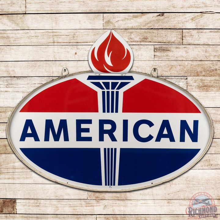 American Gasoline DS Porcelain ID Sign Complete w/ Flames & Ring
