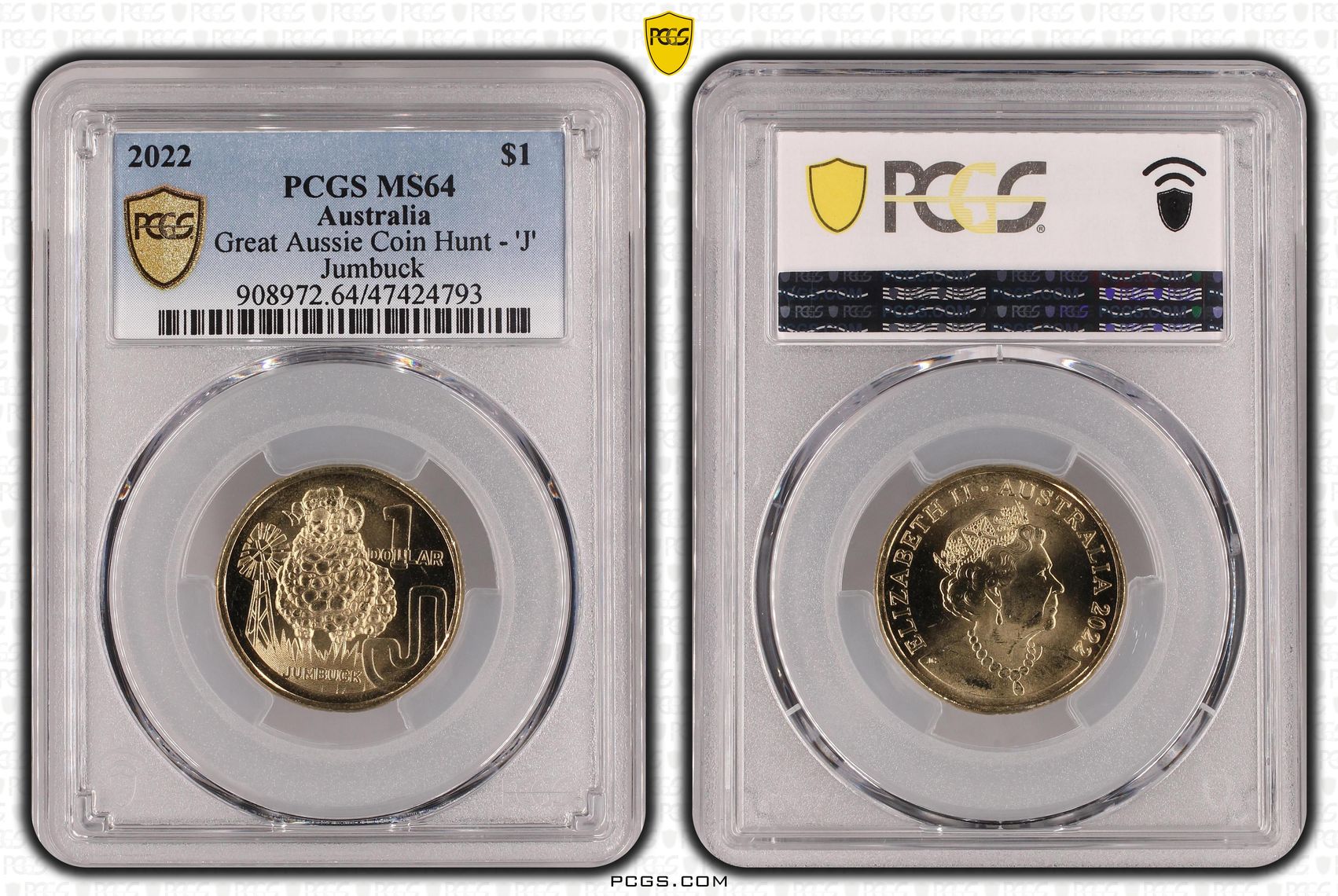 Great Aussie Coin Hunt - 'J', One Dollar, 2022, PCGS MS 64