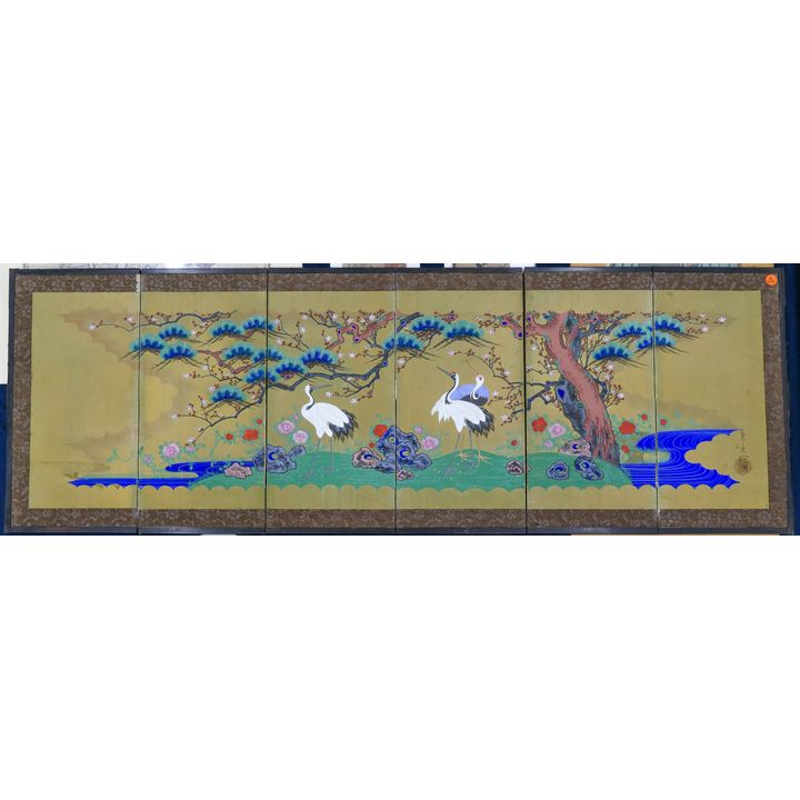 Old Japanese Painted Landscape with Cranes 6-Panel